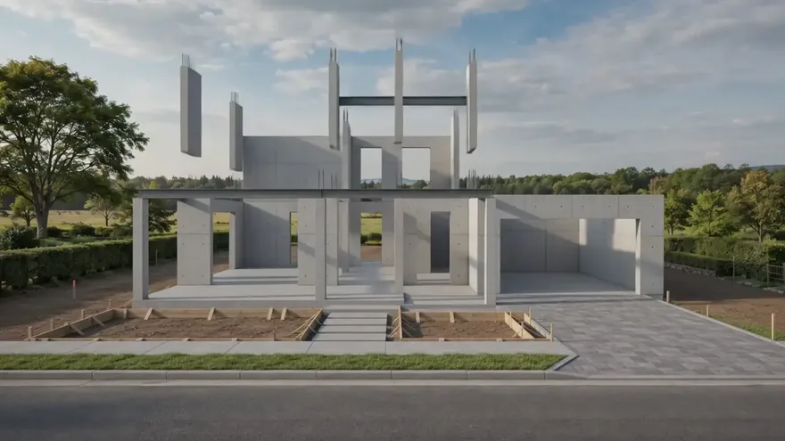 A house part-way through construction, structure up but unclad