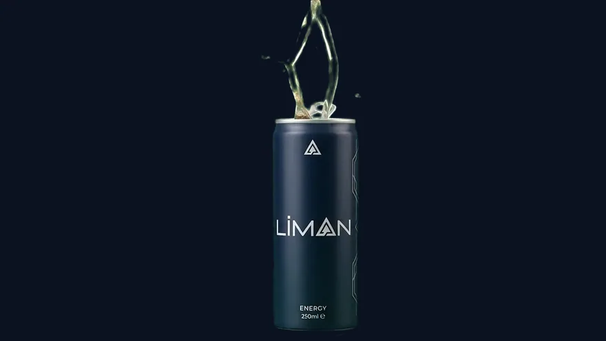 A LIMAN energy can with liquid rising out of the open top