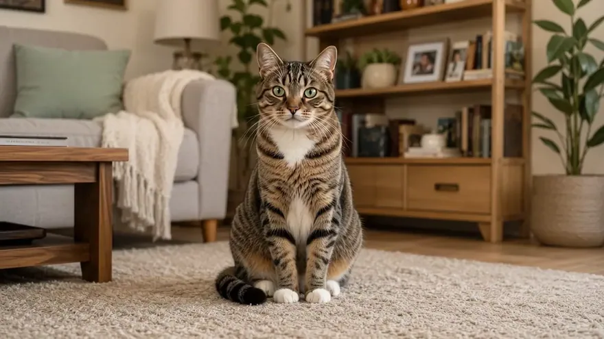 A seated tabby cat looking straight at the camera
