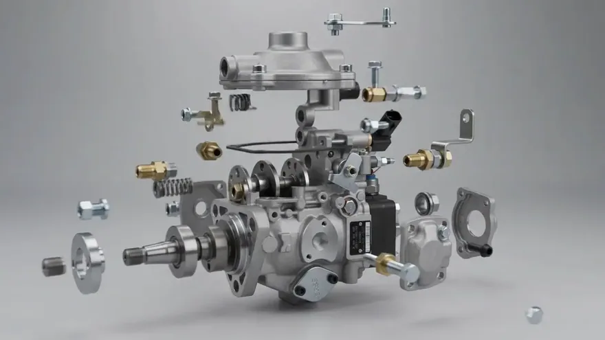 An exploded diesel injection pump, its parts part-way through coming together