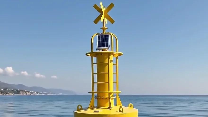 A yellow navigation buoy with a solar panel and X topmark, alone on open water